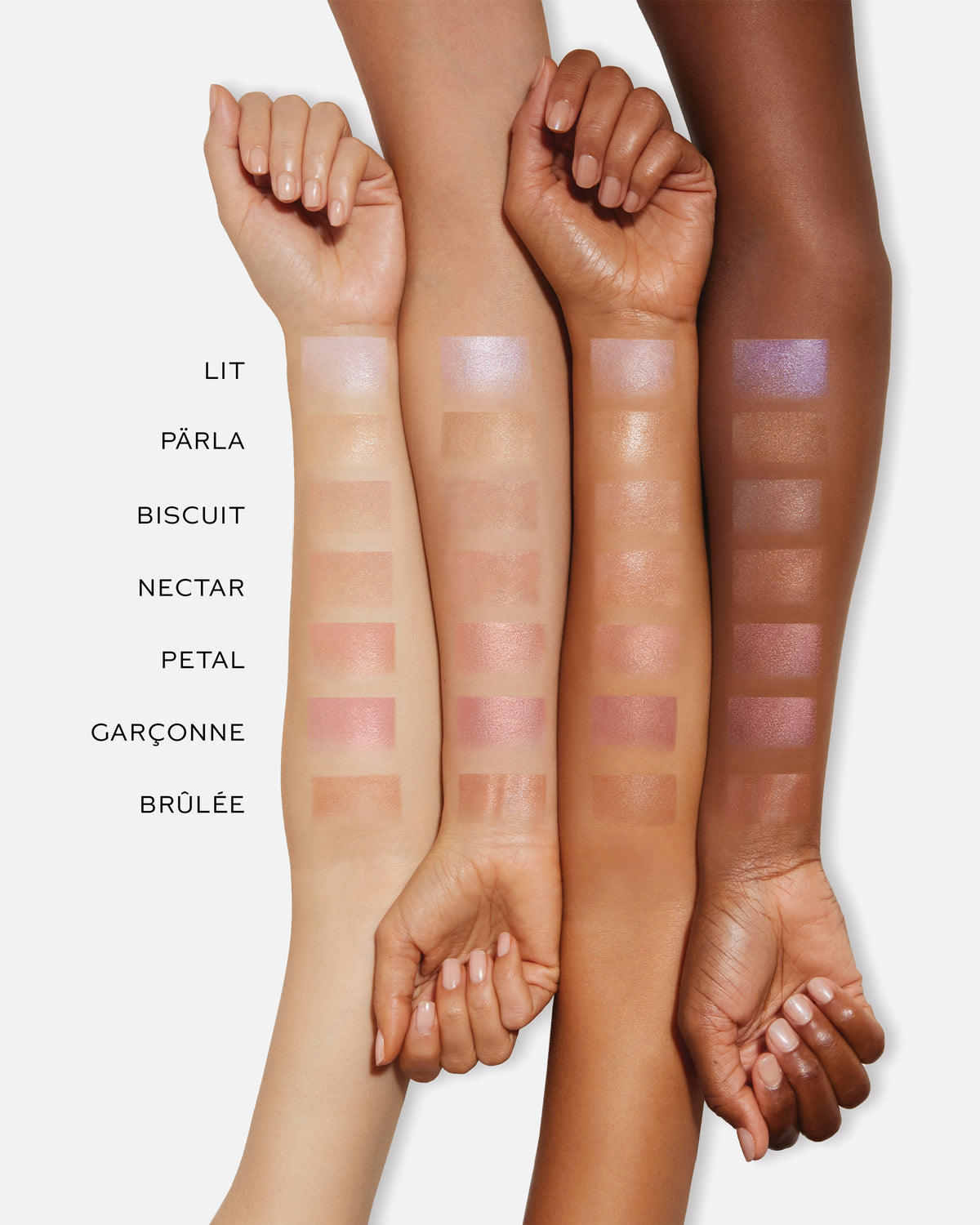 Four arms with different shades of Lit Up swatches on a white background
