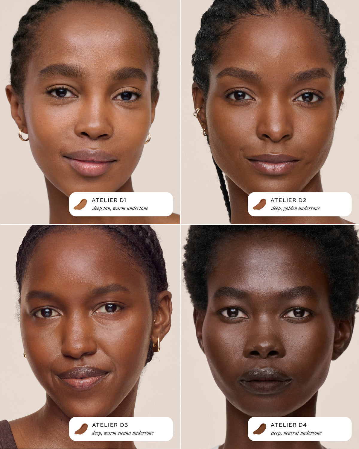 Vital Skincare Concealer shades D1-D4 on models.