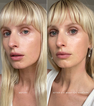Comparison of blonde model without mascara on, next to same model with Eye Want You Mascara applied for thick, black lashes.
