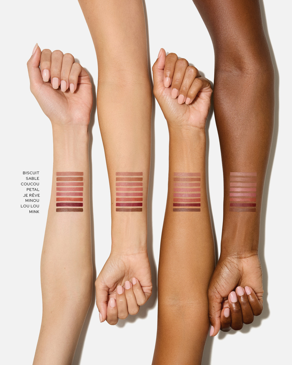Swatches of all lip liner shades on four different skin tones. 